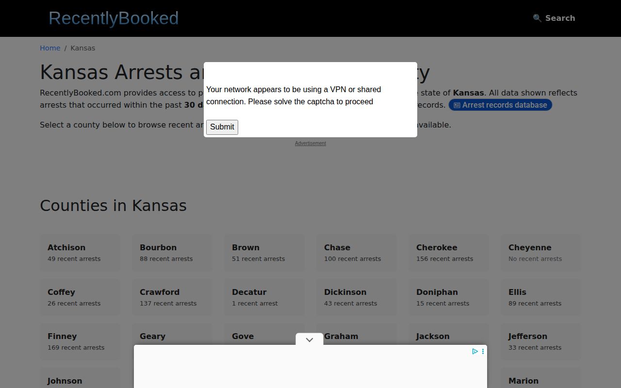 Unofficial Kansas arrest news index showing no Lincoln County listing